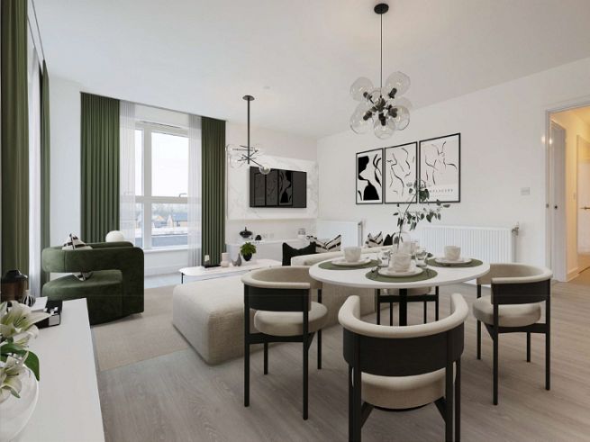 These internal photographs of a typical apartment have been digitally enhanced for marketing purposes only. The photographs include computer generated examples of furniture, lighting and accessories for demonstration and are not included with the sale